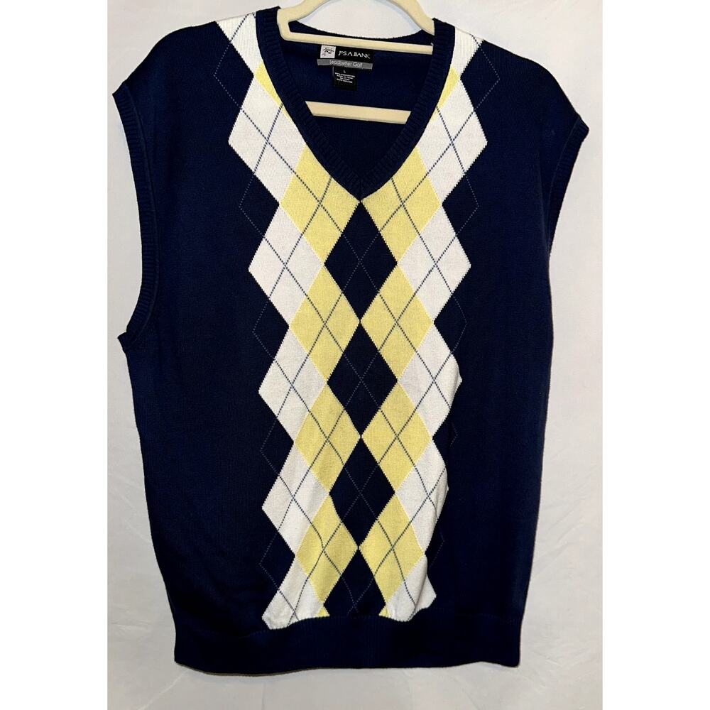 Jos A Bank Sweater Vest Men Large Navy Argyle Print David Leadbetter Golf Preppy